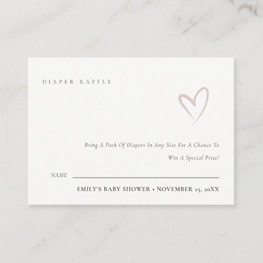 ミニマル シック ブラッシュ ハート おむつラフルトゥ Baby Shower エンクロージャーカード (正面)