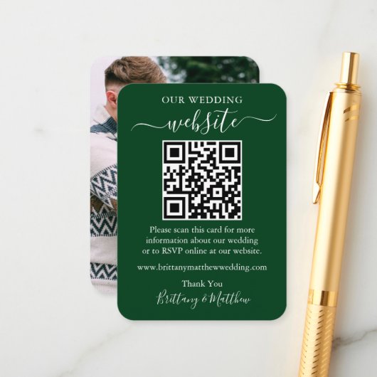 ミニマル シンプル ウェディング ウェブサイト フォト QR グリーン エンクロージャーカード (正面/裏面インサイチュ)