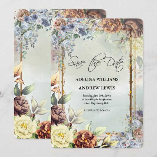 ミニマル シンプル シルバー フラワー ローズ ゴールド フレーム 招待状 (正面/裏面)