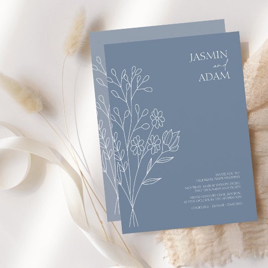 ミニマル ダスティーブルー ホワイト ワイルドフラワー ウェディング 招待状