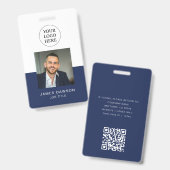 ミニマル ネイビー & ホワイト オフィス 社員写真 ID QR バッジ (正面＆裏面)