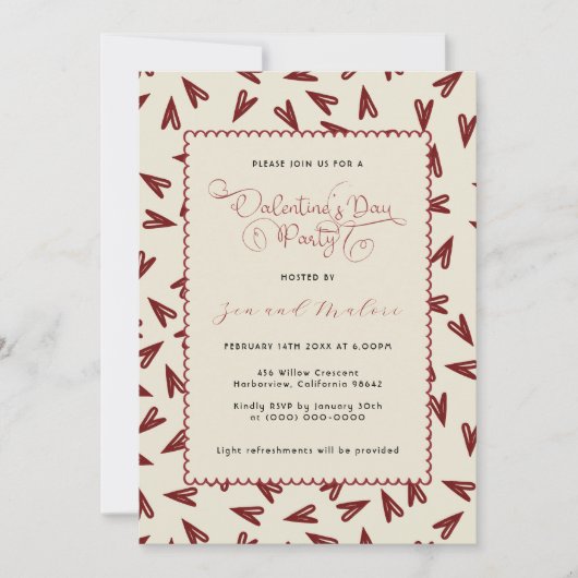 ミニマル バレンタイン ハート パターン 招待状 (正面)