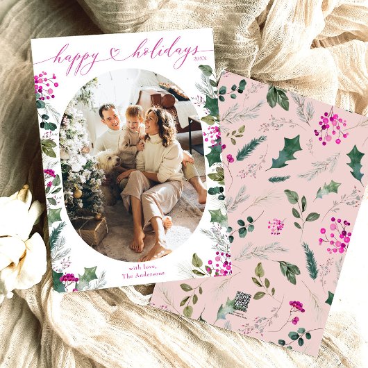 ミニマル&ピンク1ファミリーフォトハッピー ホリデーカード