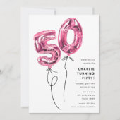 ミニマル ピンク 50 風船 50歳 誕生日パーティー 招待状 (正面)