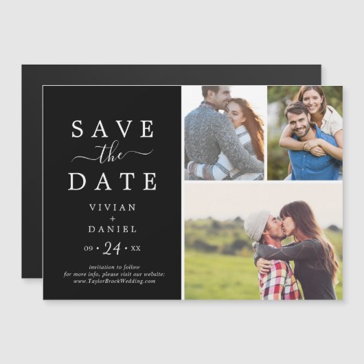 ミニマル |ブラック3フォトコラージュ日付を保存 マグネット招待状 (正面/裏面)