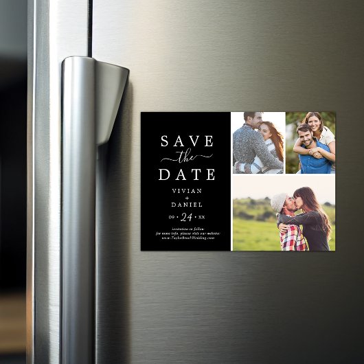 ミニマル |ブラック3フォトコラージュ日付を保存 マグネット招待状