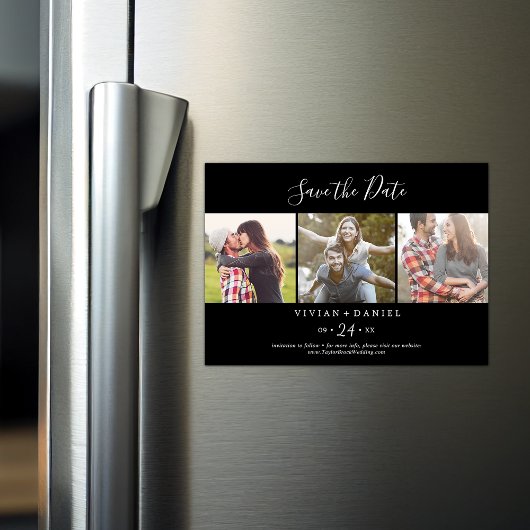 ミニマル |ブラック3写真テンプレート日付の保存 マグネット招待状