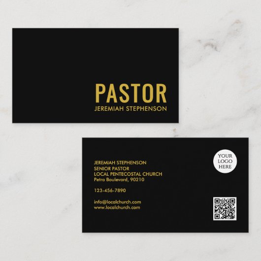 ミニマル ブラック ゴールド ロゴ QRコード PASTOR 名刺 (正面/裏面)