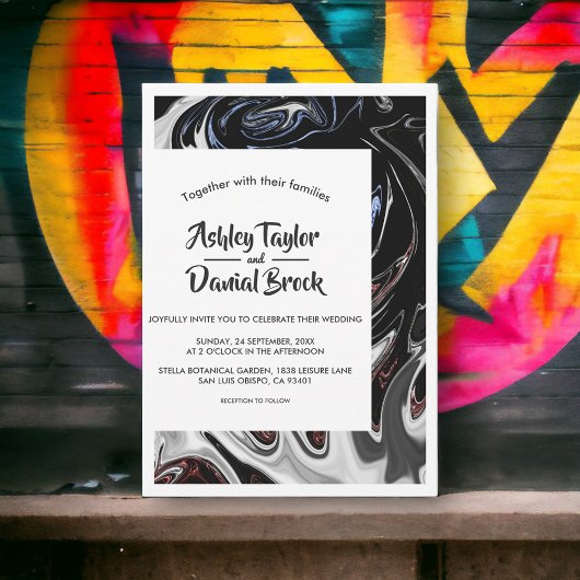 ミニマル ブラック ホワイト ブルー フレーム アブストラクト ウェディング 招待状