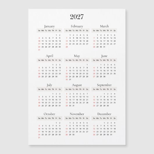 ミニマル ブラック 2027年 カレンダー | 背景色変更可能 (正面)