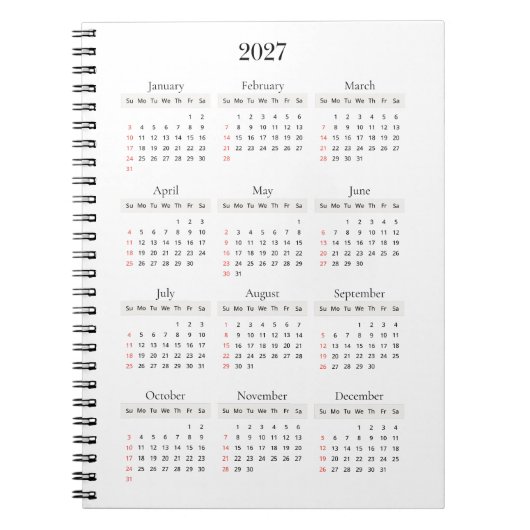ミニマル ブラック 2027年 カレンダー | 背景色変更可能 ノートブック (正面)