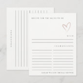 ミニマル ブラッシュ ハート ブライダル シャワー レシピ リクエスト ポストカード (正面/裏面)