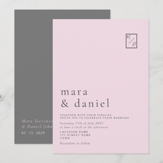 ミニマル ブラッシュ ピンク ウェディング インビテーション (正面/裏面)