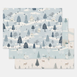 ミニマル ブルー 雪の村 ラッピングペーパーシート