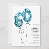 ミニマル ブルー 60 バルーン 60歳の誕生日パーティー 招待状 (正面)