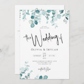 ミニマル ボタニカル QR コード RSVP オールインワン ウェディング 招待状 (正面/裏面)