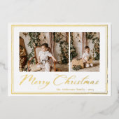 ミニマル モダンな手描きのメリークリスマス 写真入り 箔シーズンカード (正面)
