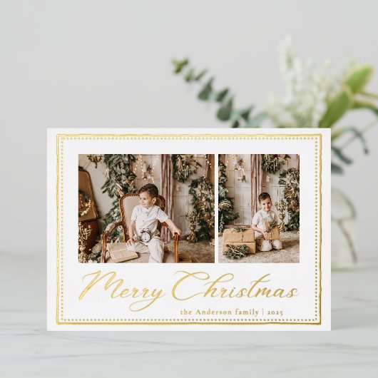 ミニマル モダンな手描きのメリークリスマス 写真入り 箔シーズンカード (立ち正面)