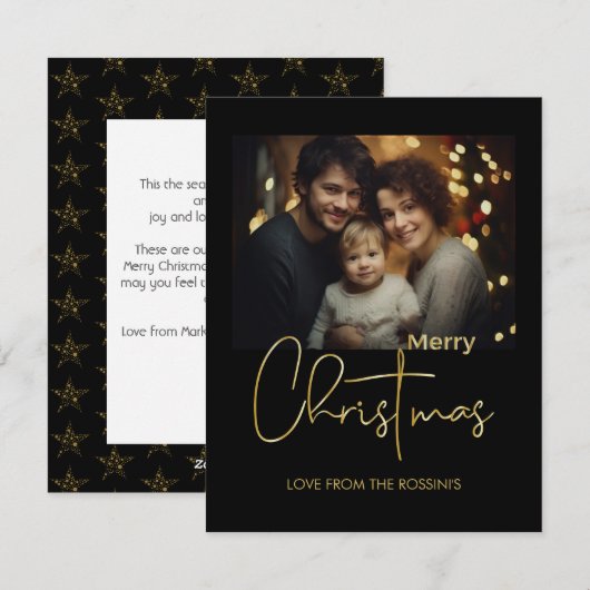 ミニマル モダン ゴールド スクリプト フォト フラット ホリデー カード (正面/裏面)