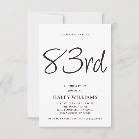 ミニマル モダン シンプル カリグラフィー 83歳の誕生日 招待状 (正面)