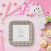 ミニマル モダン スワン プラッド ギンガム 男の子 ベイビー シャワー ペーパープレート (パーティー)