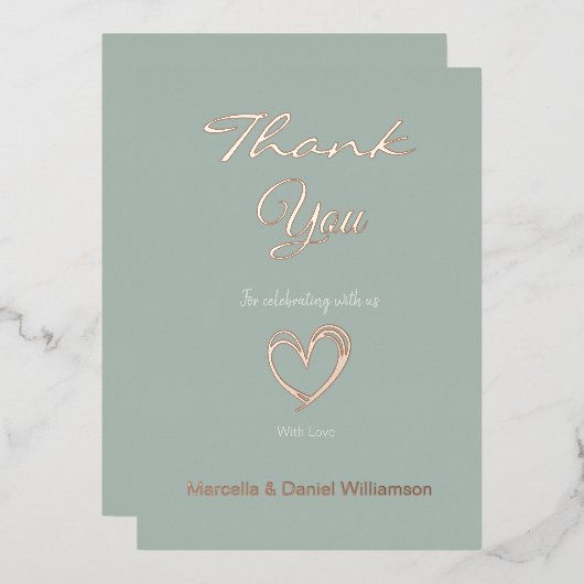 ミニマル モダン ハートとスクリプトのサンキュー 箔招待状 (正面/裏面)