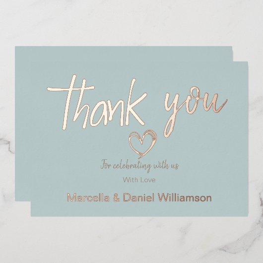 ミニマル モダン ハートとスクリプト お礼 ウェディング 箔招待状 (正面/裏面)
