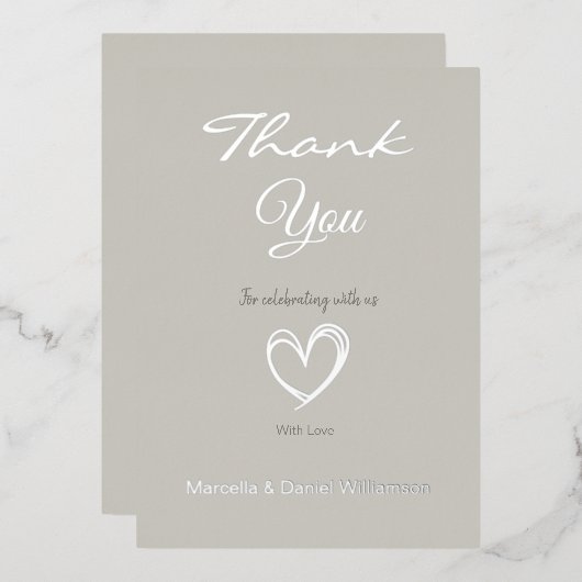 ミニマル モダン ハート＆スクリプト サンクスカード 箔招待状 (正面/裏面)