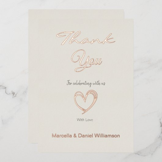 ミニマル モダン ハート＆スクリプト サンクスカード 箔招待状 (正面/裏面)