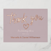 ミニマル モダン ハート＆スクリプト サンクス ウェディング 箔招待状ポストカード (正面)