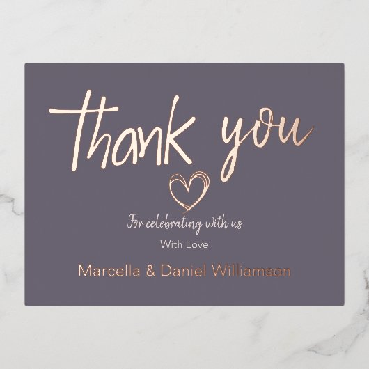 ミニマル モダン ハート＆スクリプト サンクス ウェディング 箔招待状ポストカード (正面)