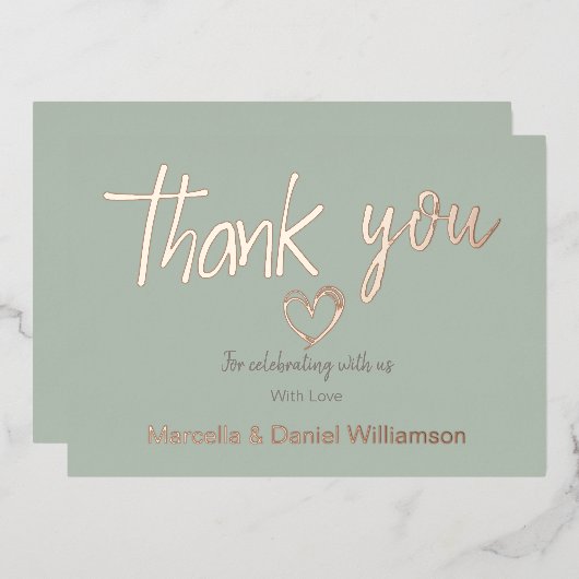 ミニマル モダン ハート＆スクリプト サンクス ウェディング 箔招待状 (正面/裏面)