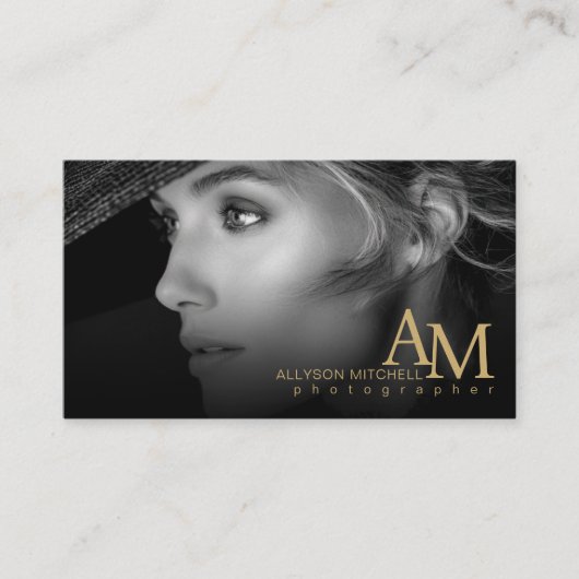 ミニマル モダン ブラック ゴールド フォト QR フォトグラフィー 名刺 (正面)