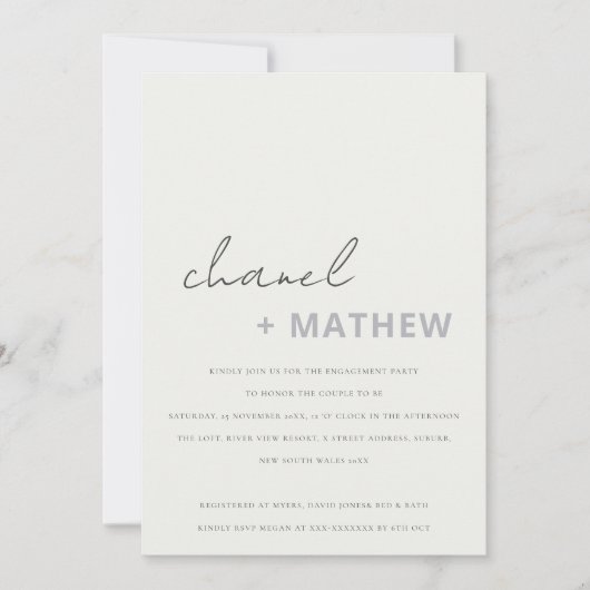 ミニマル モダン ブラック ホワイト スクリプト エンゲージメント 招待状 (正面)