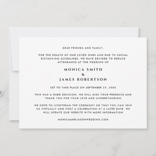 ミニマル モダン 私たちの結婚式は縮小します 結婚写真 案内状 (裏面)