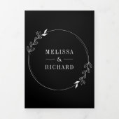 ミニマル ラインアートの葉のアーチ ブラック&ホワイト ウェディング 三つ折り招待状 (カバー)