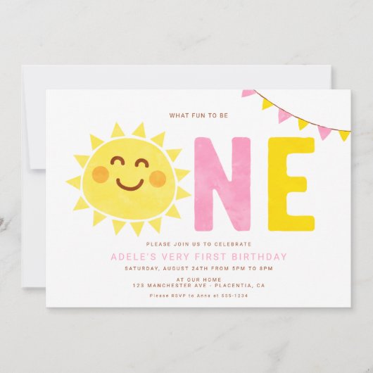 ミニマル リトル サンシャイン ファースト バースデー ガール 招待状 (正面)