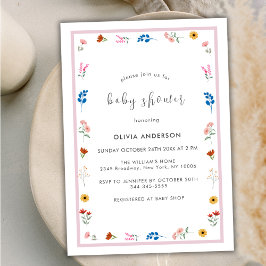 ミニマル リトル ワイルドフラワー フレーム ガール ベビー シャワー 招待状
