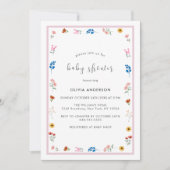 ミニマル リトル ワイルドフラワー フレーム ガール ベビー シャワー 招待状 (正面)