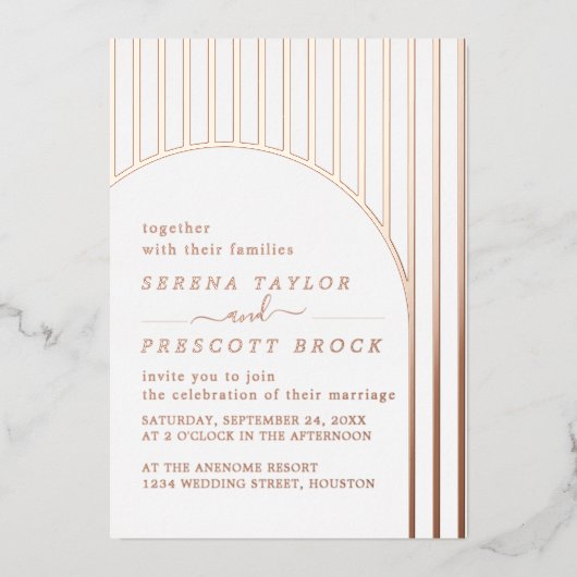 ミニマル ローズゴールド ウェディング リアル フォイル 招待状 (正面)