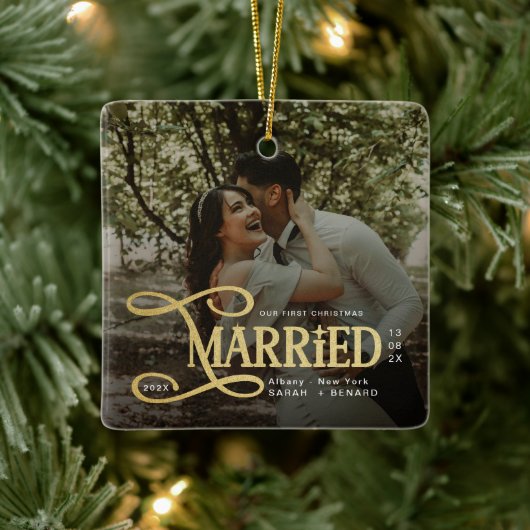 ミニマル 初めてのクリスマス 夫婦 写真 セラミックオーナメント (ツリー)