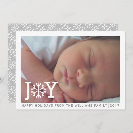 ミニマル「joy」スノーフレークのクリスマスホリデー写真 シーズンカード (正面/裏面)