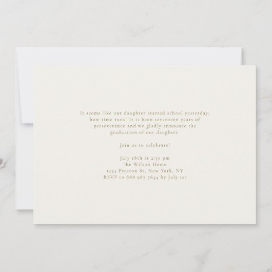 ミニマルArch写真金ゴールド写真卒業 案内状 (裏面)