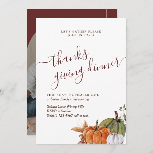 ミニマルArch Photo Burgundyのディナ感謝してい与えー 招待状 (正面/裏面)