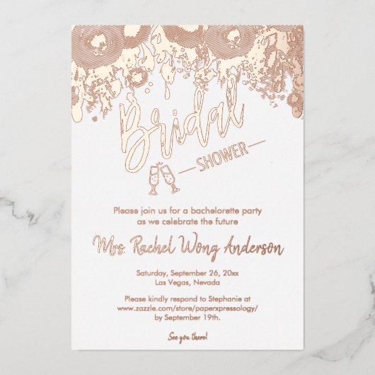 ミニマルBohoブライダルシャワーフォトバラ金ゴールド 箔招待状 (正面)