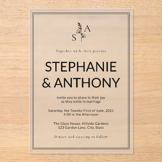 ミニマルBWモノグラム山花結婚の アクリル招待状 (正面)