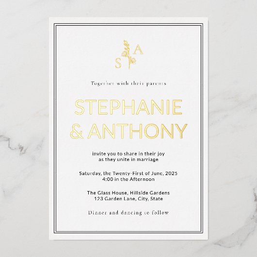 ミニマルBWモノグラム山花結婚の 箔招待状 (正面)