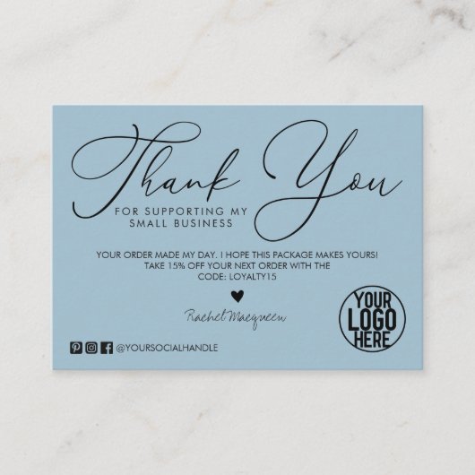 ミニマルDusty Blue Black Script Customer Thank You 名刺 (正面)
