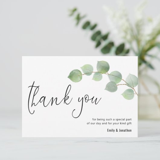 ミニマルEucalyptus Leafスクリプト結婚写真 サンキューカード (スタンド正面)