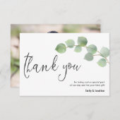 ミニマルEucalyptus Leafスクリプト結婚写真 サンキューカード (正面/裏面)